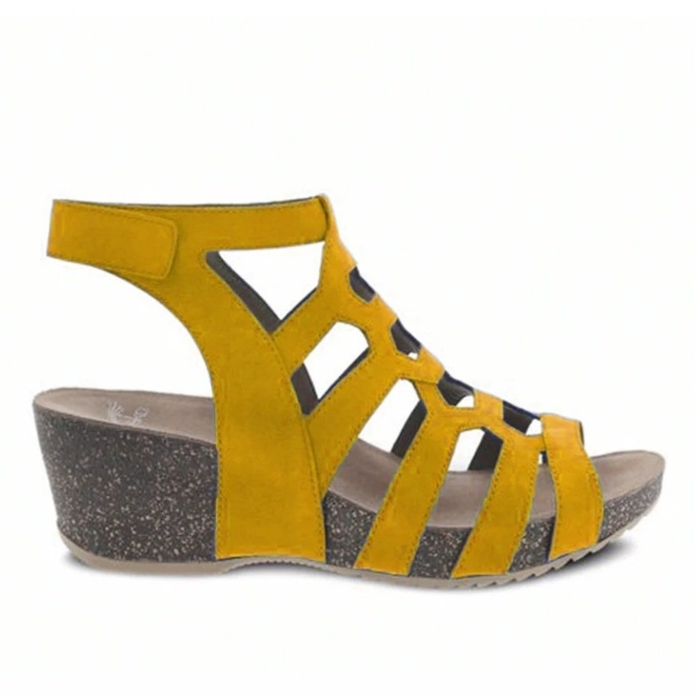 Dansko Selina Womens Mustard Yellow Leather Wedge Sandals Sz 9 Gladiator Shoes